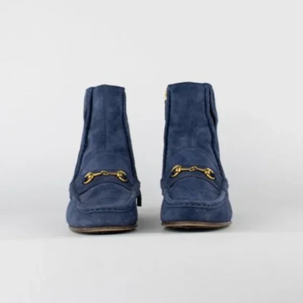 Gucci Blue Suede Fringed Horsebit Loafer Ankle Boots - Picture 2 of 9